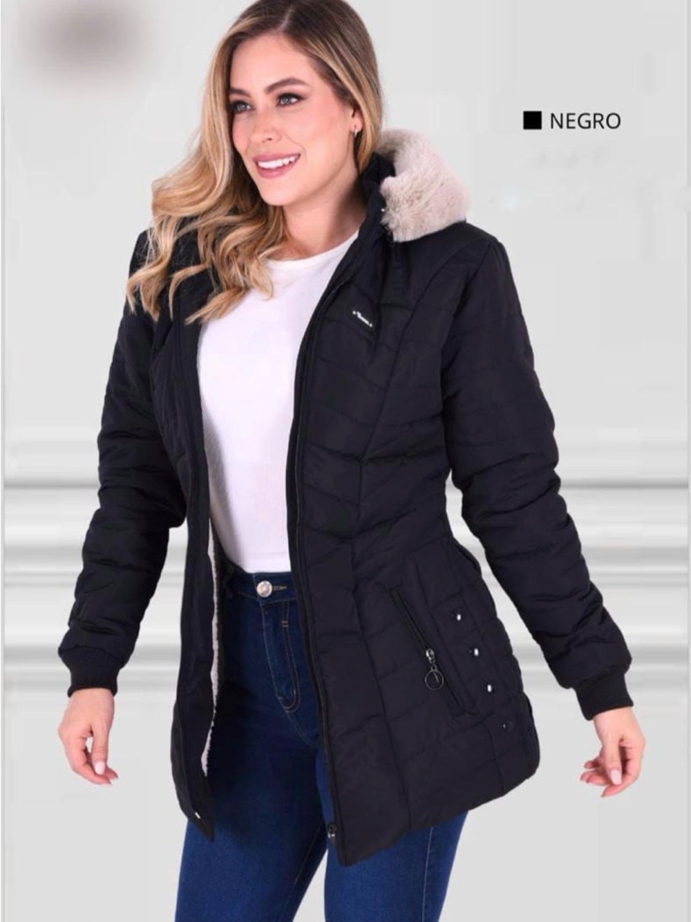 Black Quilted Puffer Coat with Faux-Fur Trim